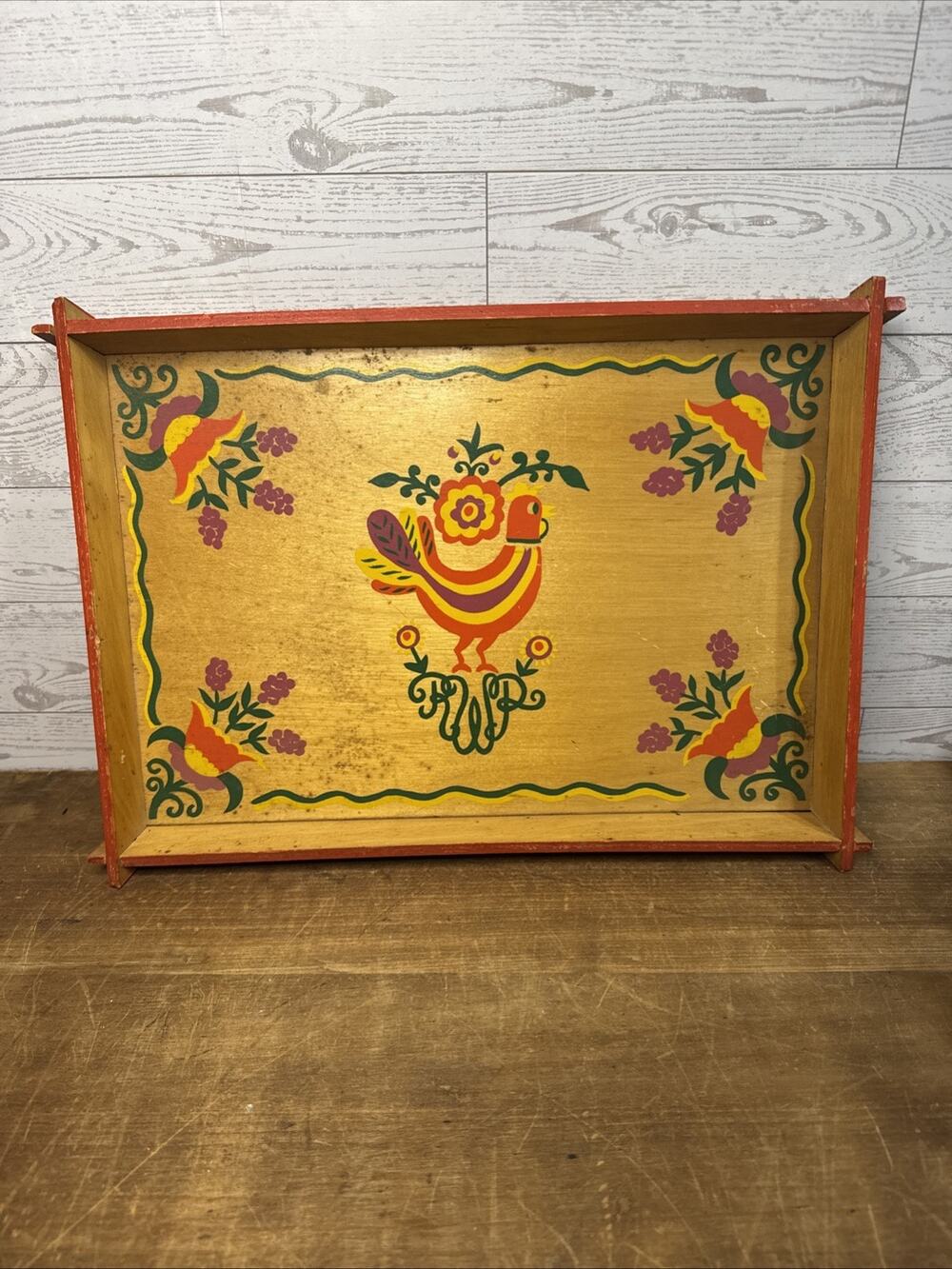 Vintage Folk Art Handmade Hand Painted Wooden Serving Tray